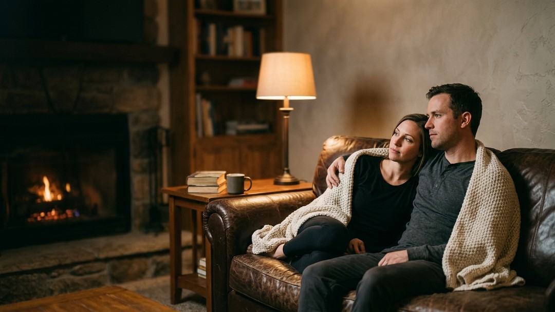 A couple sits wrapped together in a cream blanket in front of a low fire, resting in the quiet after a scene.