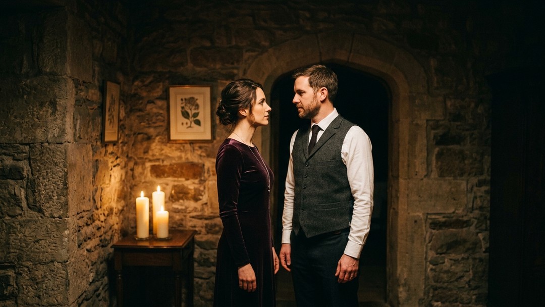 Two people stand facing each other in a candlelit stone room, holding eye contact, one in a dark velvet dress and the other in a waistcoat and tie.