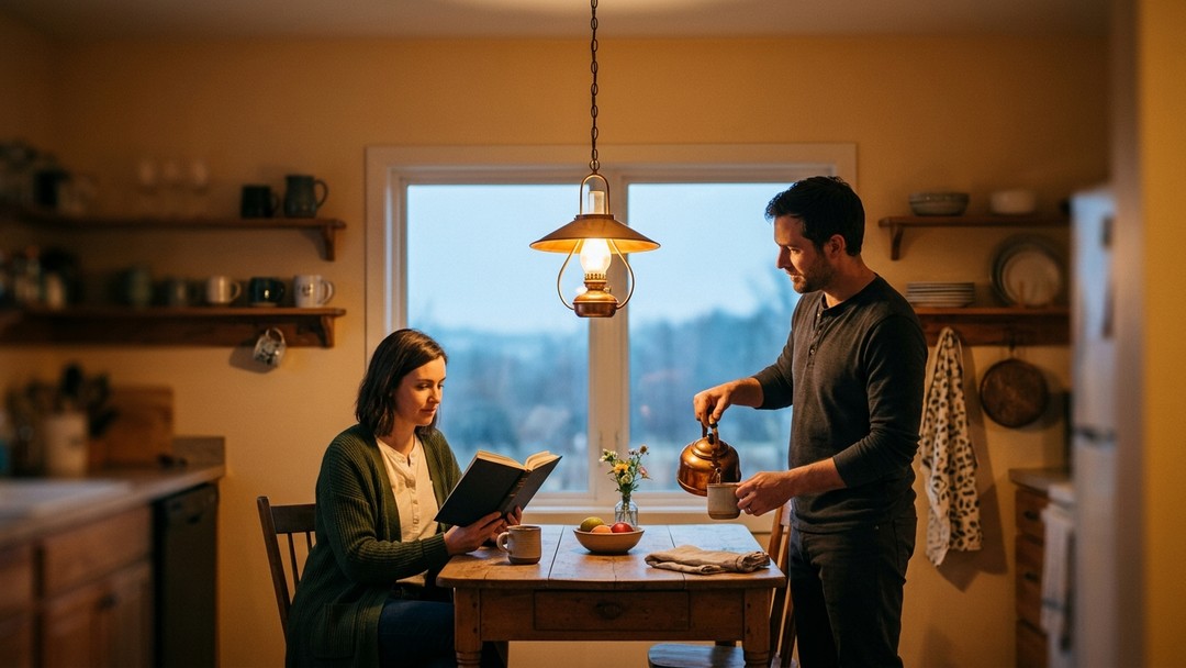 A man pours from a copper kettle into a mug for his partner, who sits reading at a rustic kitchen table under a warm hanging lamp.