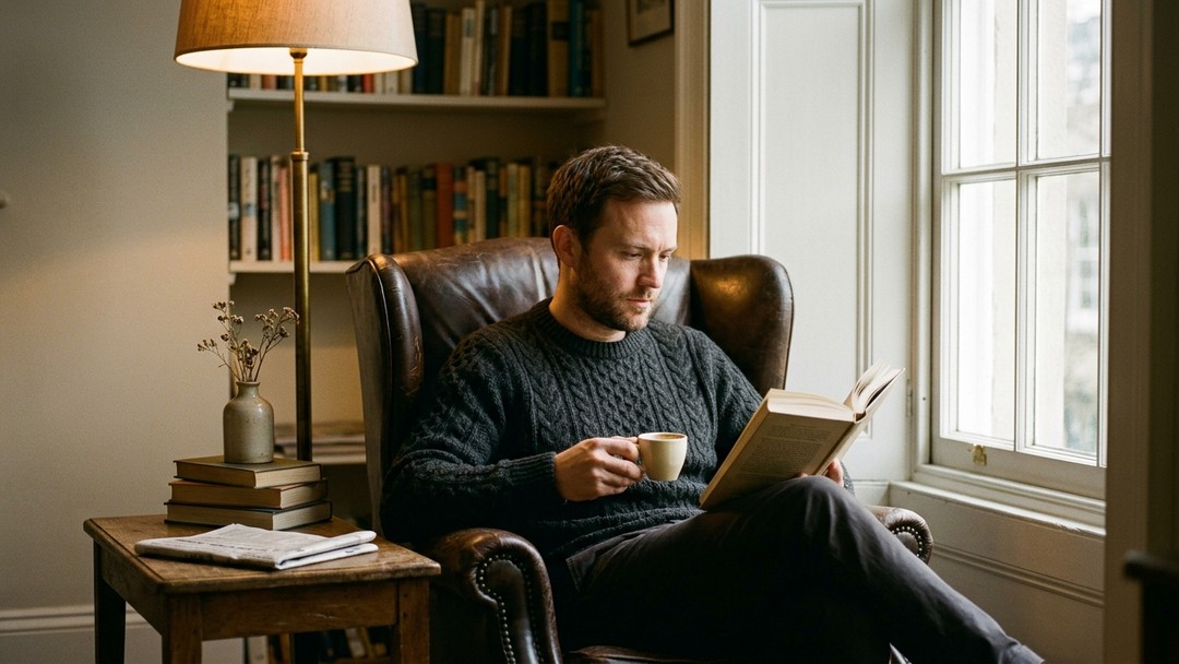 A man reads in a dark leather wing chair beside a brass floor lamp, bookshelves behind him and low window light falling across the room.